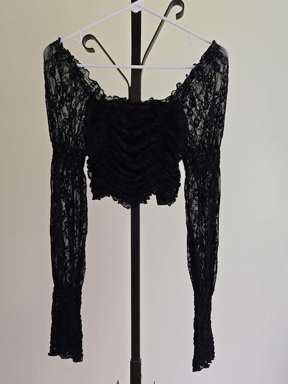 Urban Outfitters Black Lace Ruched Long-Sleeve Crop Top